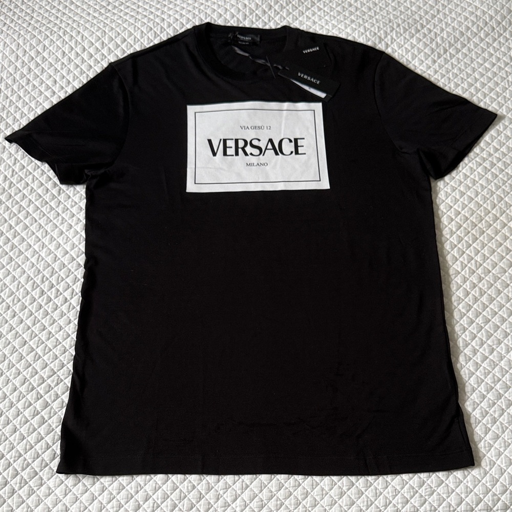 NWT Versace Men's Black Via Gesù Logo T-Shirt